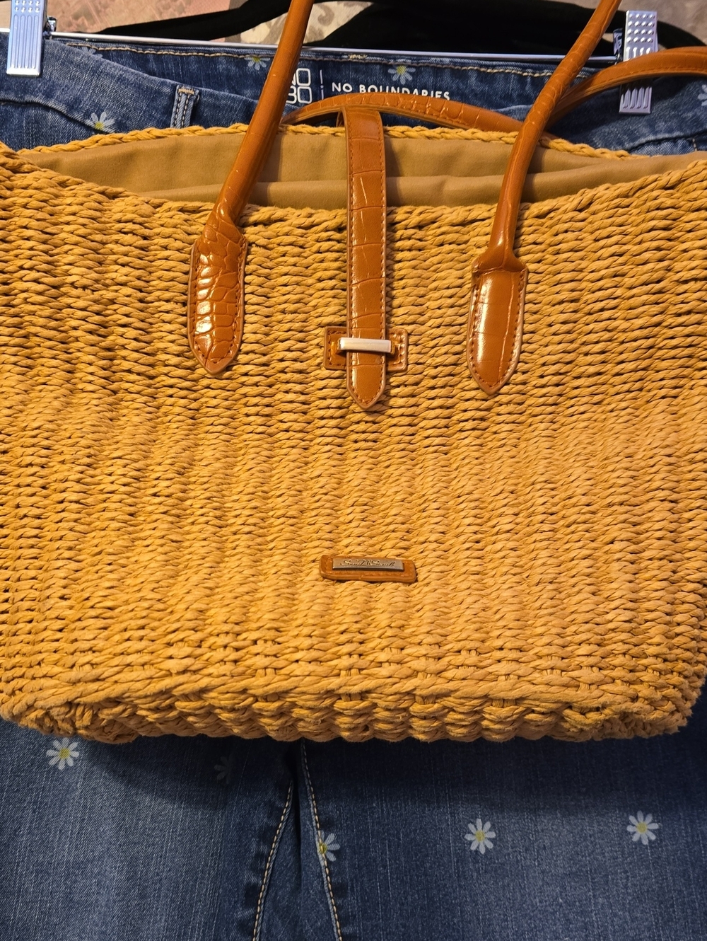 Woven Straw‎ Tote with Tan Faux-Leather Handles